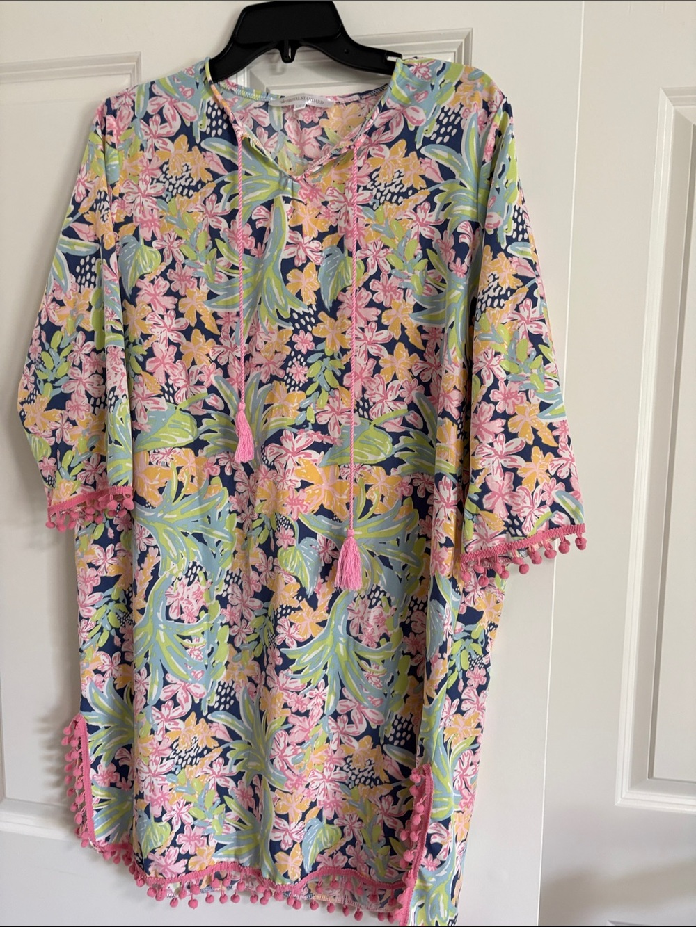 Tropical Floral Women’s Swim Coverup in Multicolor Pink Trim